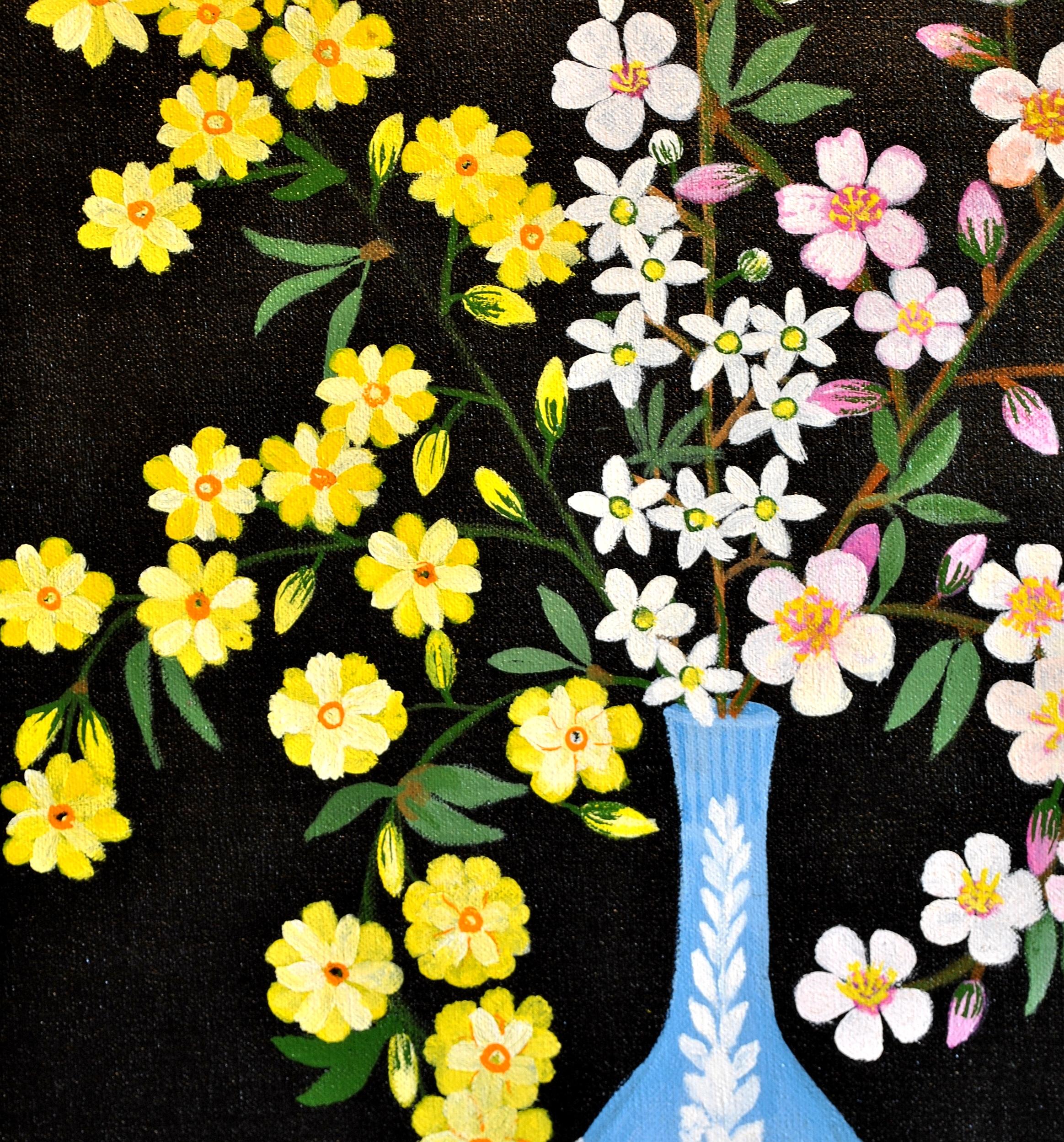 Frühlingsblüte in einer Wedgwood Vase - Naïf Zyprische Blumen Stilleben Gemälde im Angebot 1