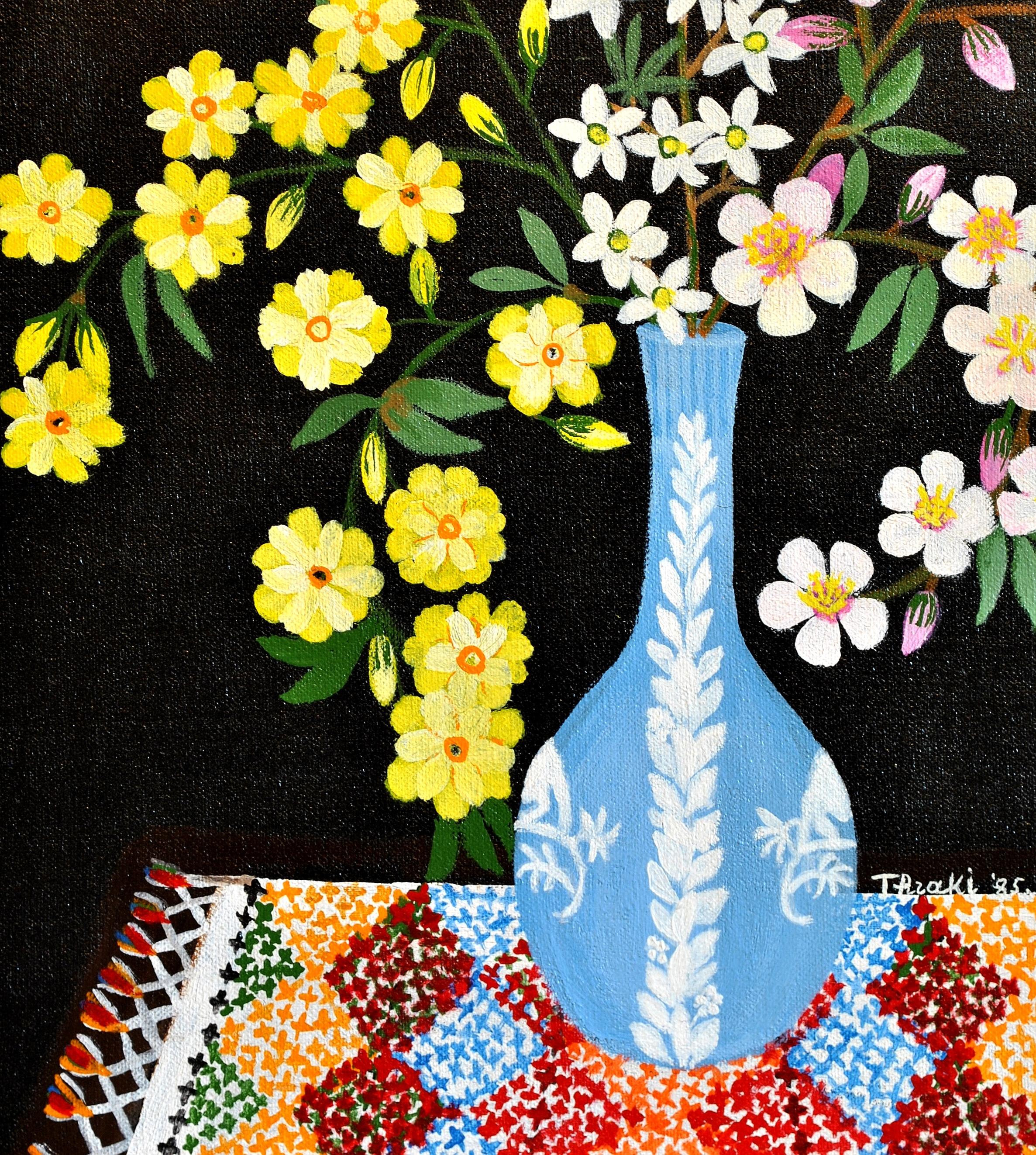 Frühlingsblüte in einer Wedgwood Vase - Naïf Zyprische Blumen Stilleben Gemälde im Angebot 2