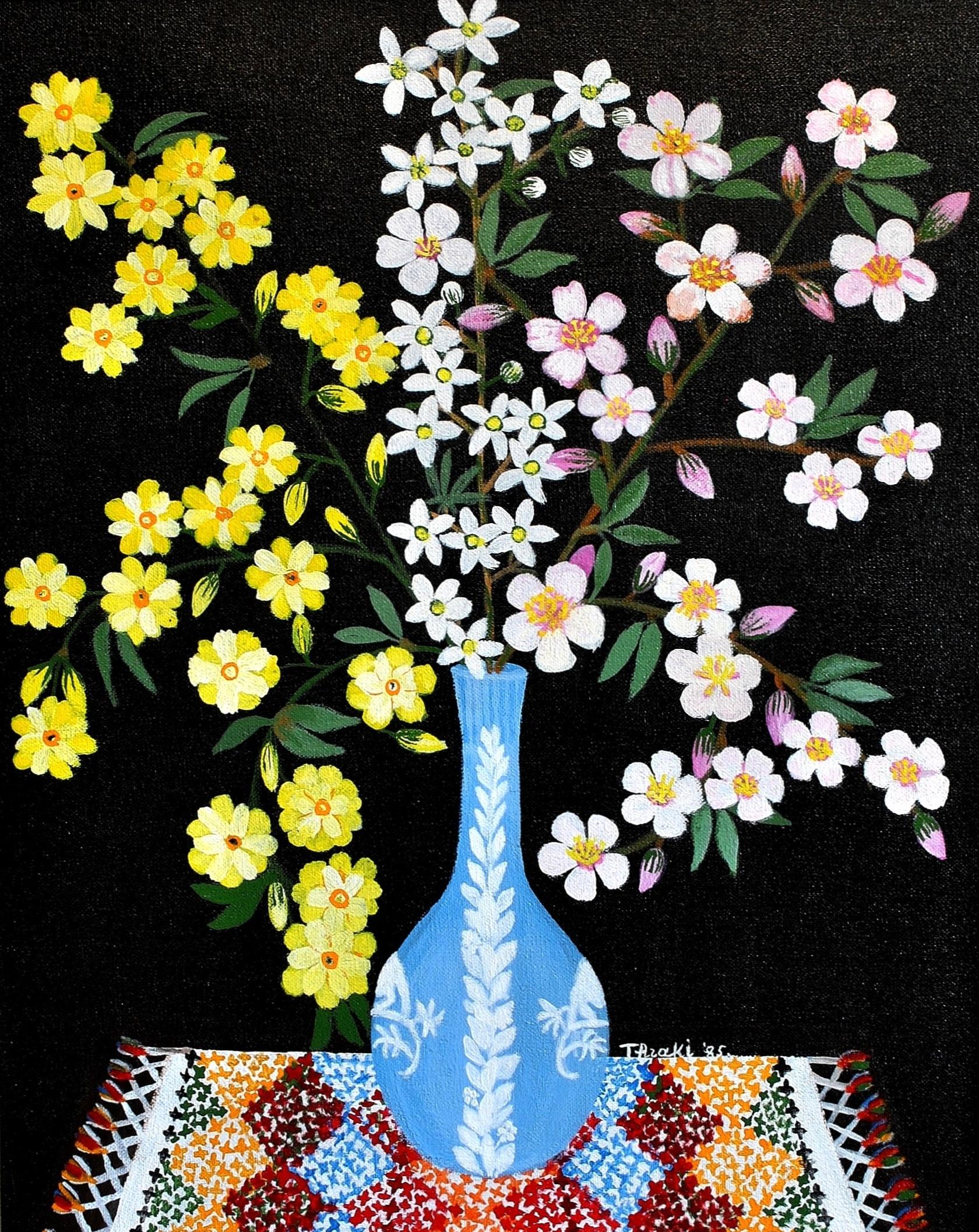 Thraki Rossidou Jones Still-Life Painting - Spring Blossom in a Wedgwood Vase - Naïf Cypriot Flowers Still Life Painting