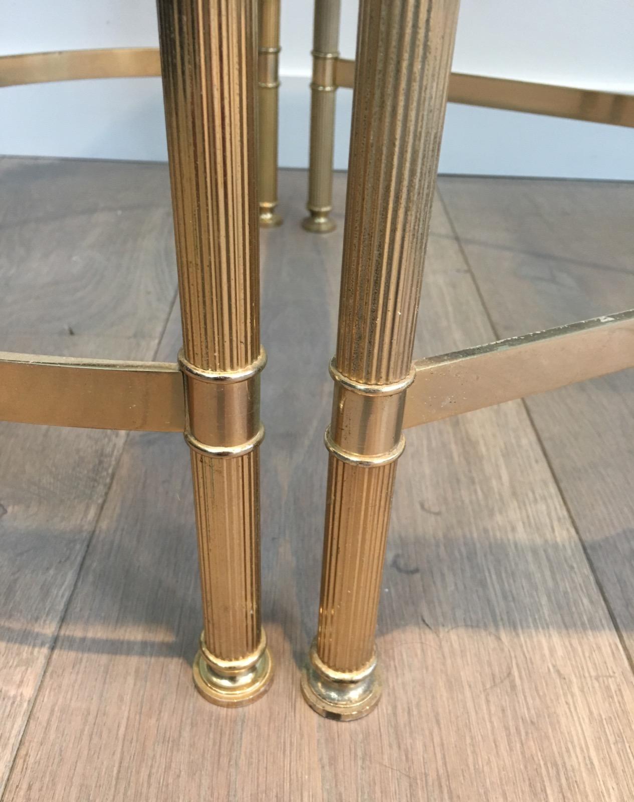Three Parts Gold Gilt Nickel Coffee Table with Blueish Glass Tops, French, 1970s 5