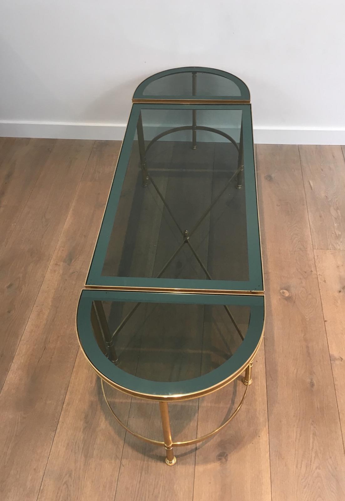 Three Parts Gold Gilt Nickel Coffee Table with Blueish Glass Tops, French, 1970s 7