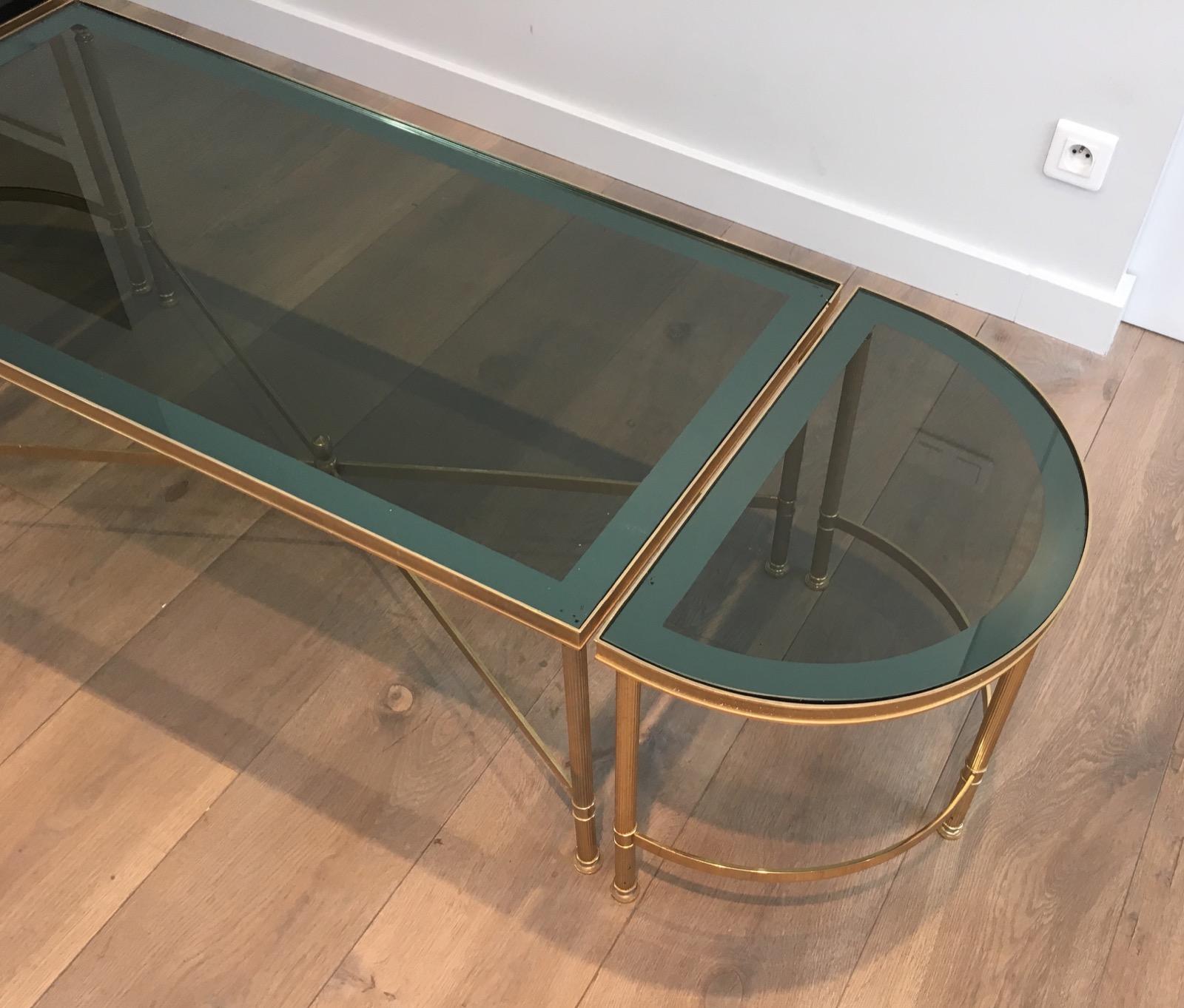 Three Parts Gold Gilt Nickel Coffee Table with Blueish Glass Tops, French, 1970s 8