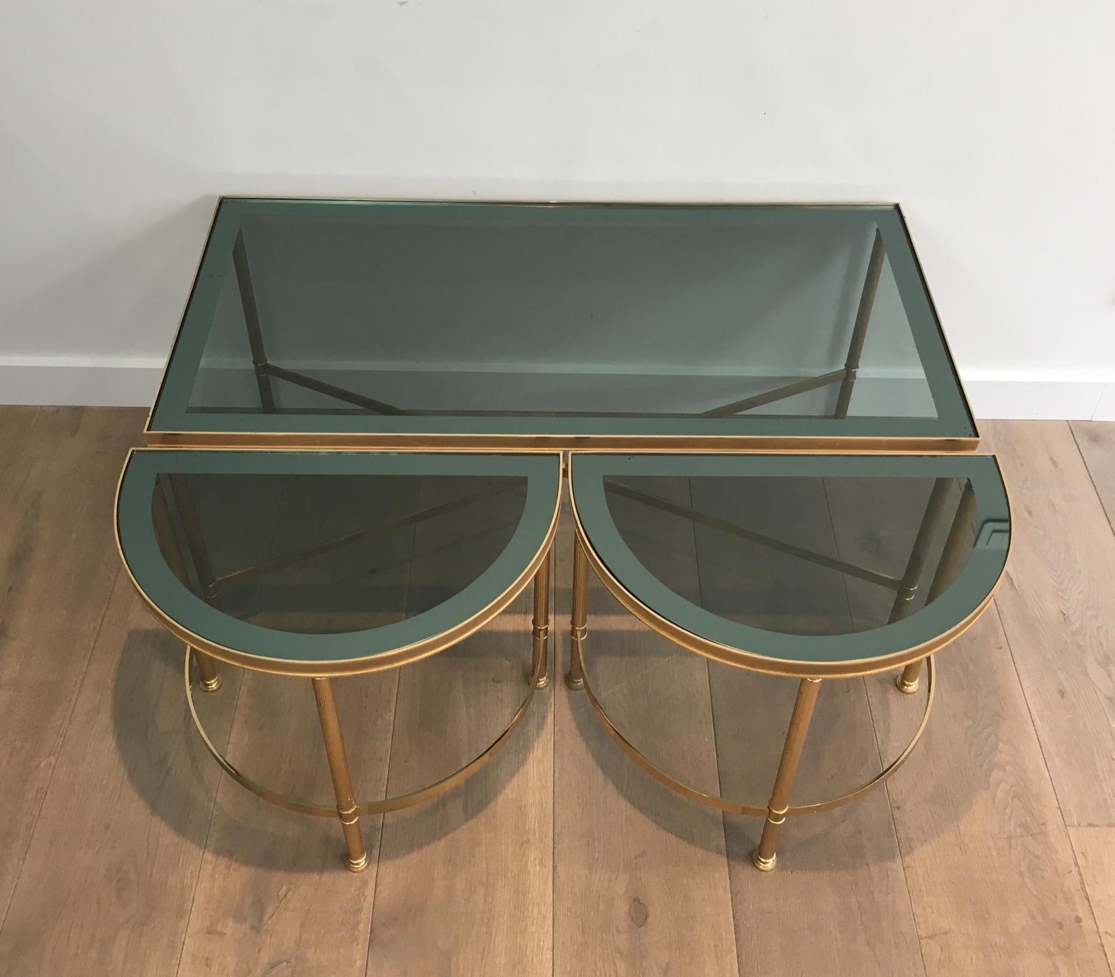 Three Parts Gold Gilt Nickel Coffee Table with Blueish Glass Tops, French, 1970s 9