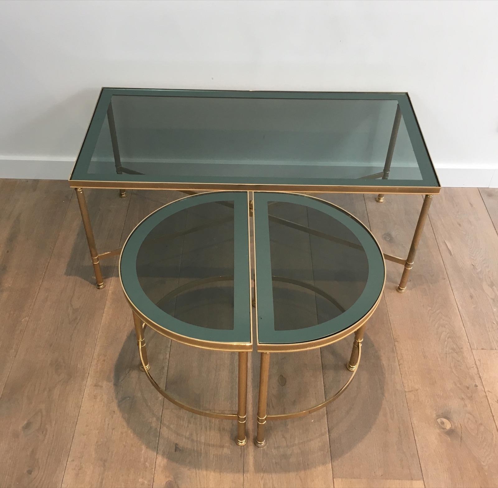 Three Parts Gold Gilt Nickel Coffee Table with Blueish Glass Tops, French, 1970s 10