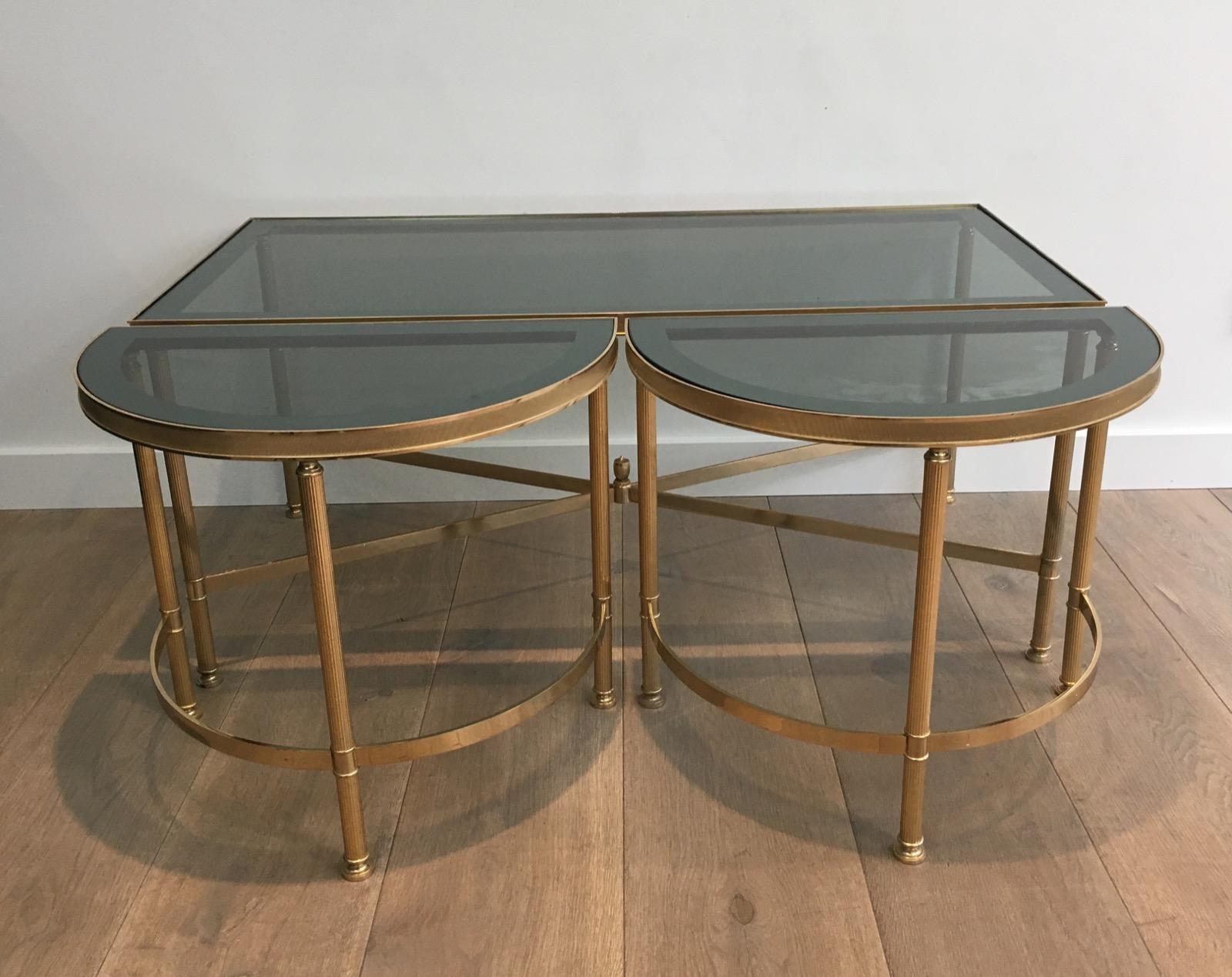 Three Parts Gold Gilt Nickel Coffee Table with Blueish Glass Tops, French, 1970s 11