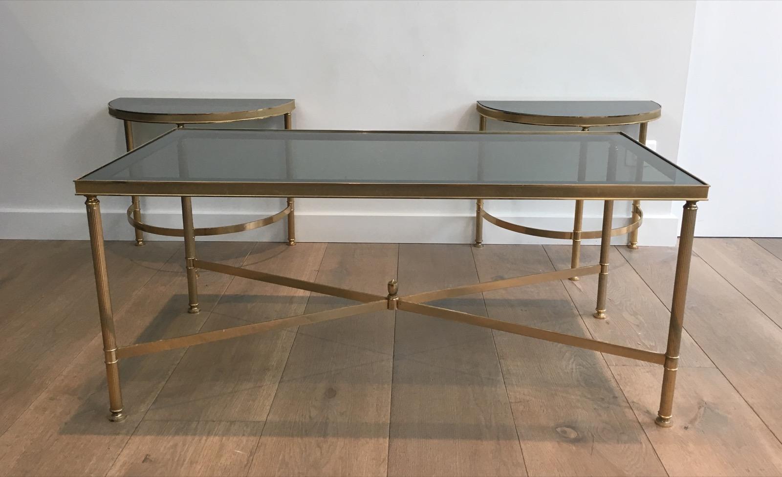 Three Parts Gold Gilt Nickel Coffee Table with Blueish Glass Tops, French, 1970s 12