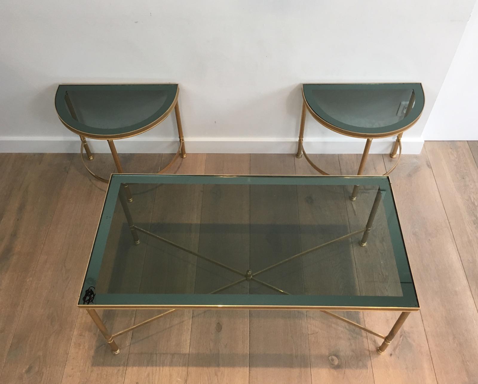 Three Parts Gold Gilt Nickel Coffee Table with Blueish Glass Tops, French, 1970s 13