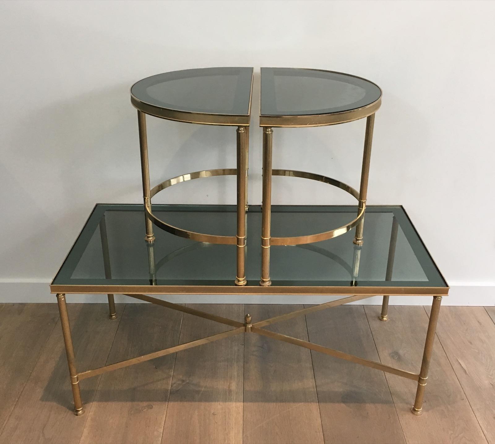 Three Parts Gold Gilt Nickel Coffee Table with Blueish Glass Tops, French, 1970s 14
