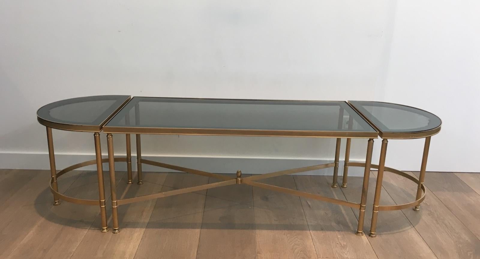 Three Parts Gold Gilt Nickel Coffee Table with Blueish Glass Tops, French, 1970s 15