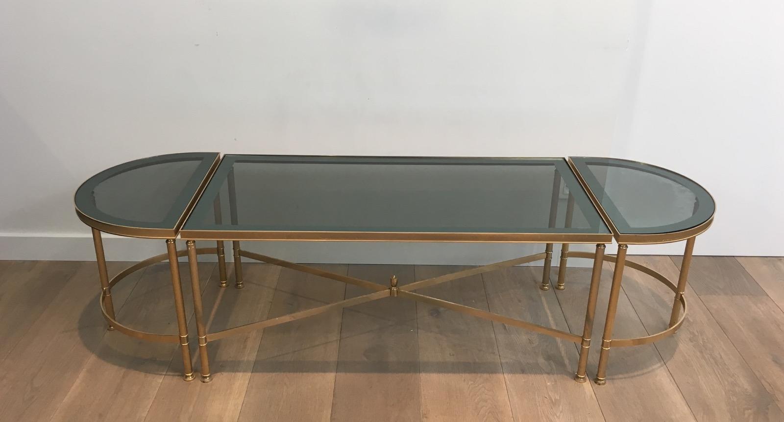 Neoclassical Three Parts Gold Gilt Nickel Coffee Table with Blueish Glass Tops, French, 1970s