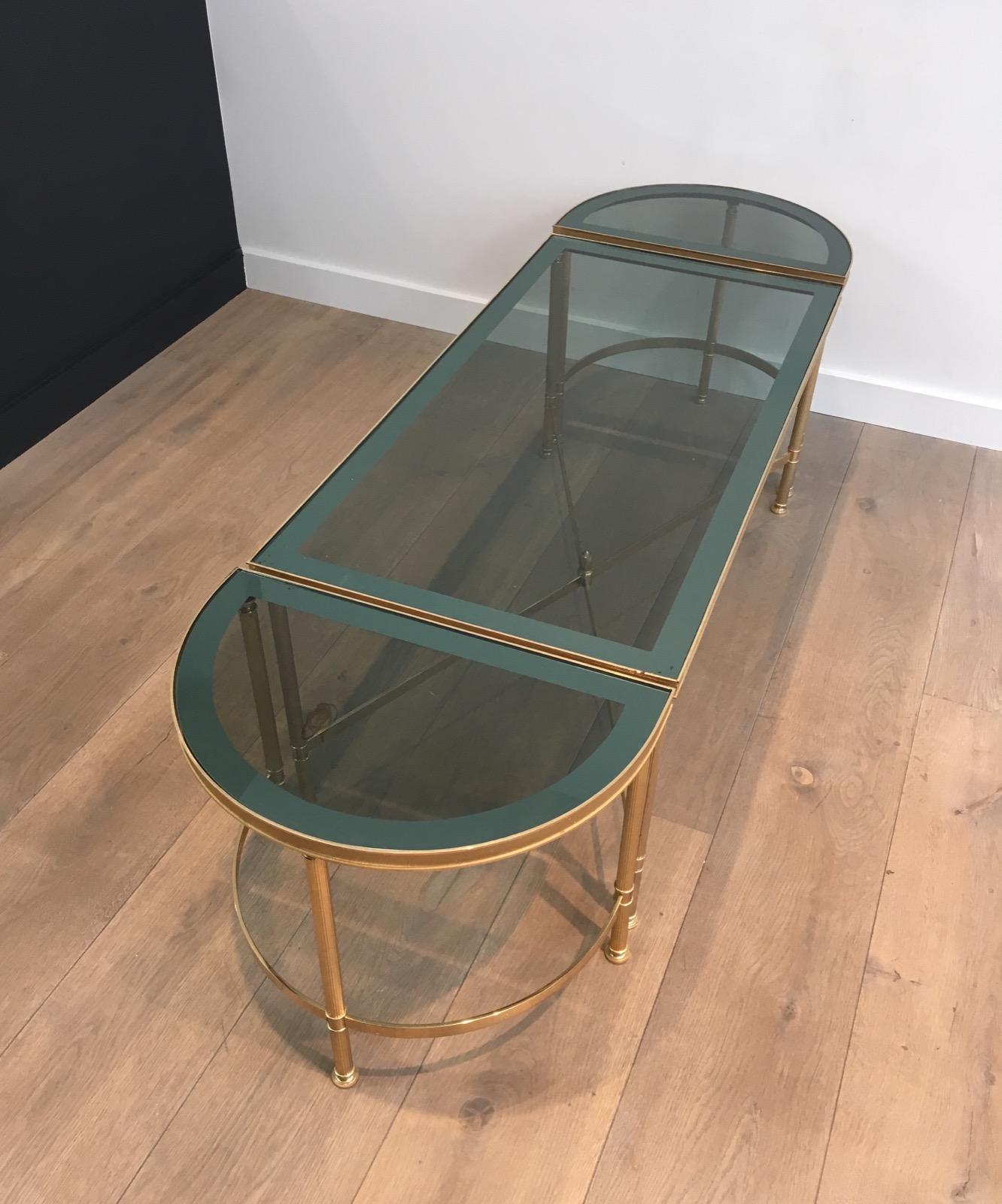 Three Parts Gold Gilt Nickel Coffee Table with Blueish Glass Tops, French, 1970s In Good Condition In Marcq-en-Barœul, Hauts-de-France