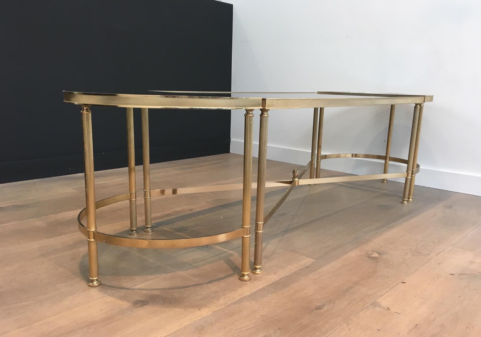 Late 20th Century Three Parts Gold Gilt Nickel Coffee Table with Blueish Glass Tops, French, 1970s