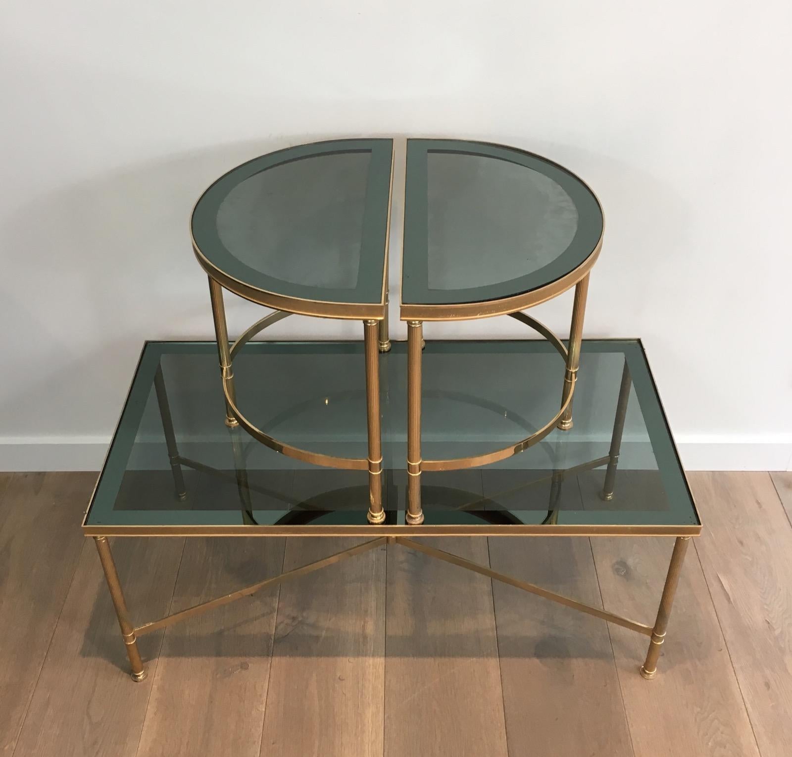 Three Parts Gold Gilt Nickel Coffee Table with Blueish Glass Tops, French, 1970s 1