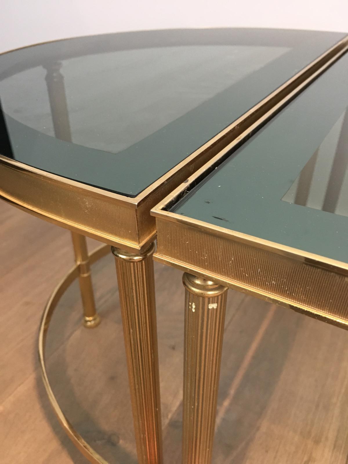 Three Parts Gold Gilt Nickel Coffee Table with Blueish Glass Tops, French, 1970s 2
