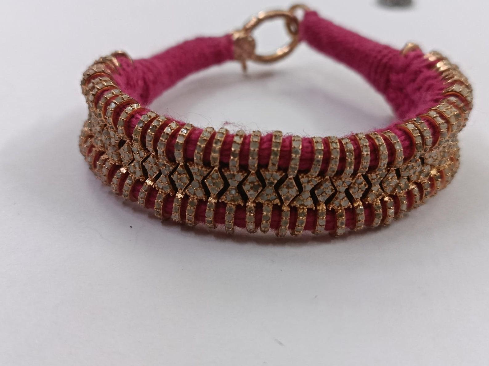 Round Cut Thread Macrame Bracelet Pave Diamond Bracelet 925 Sterling Silver Handmade Item For Sale