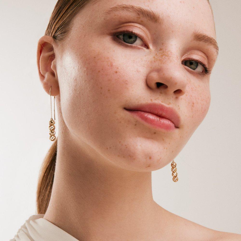 Women's Threader Intertwined Ball Earrings in 14K Solid Yellow Gold For Sale