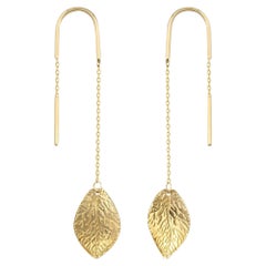Threader Leaf Earring in 14K Solid Yellow Gold