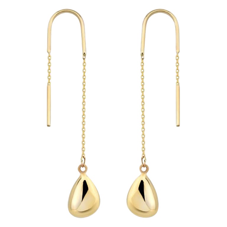 Threader Teardrop Dangle Earrings in 14K Solid Yellow Gold For Sale