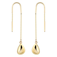 Threader Teardrop Dangle Earrings in 14K Solid Yellow Gold