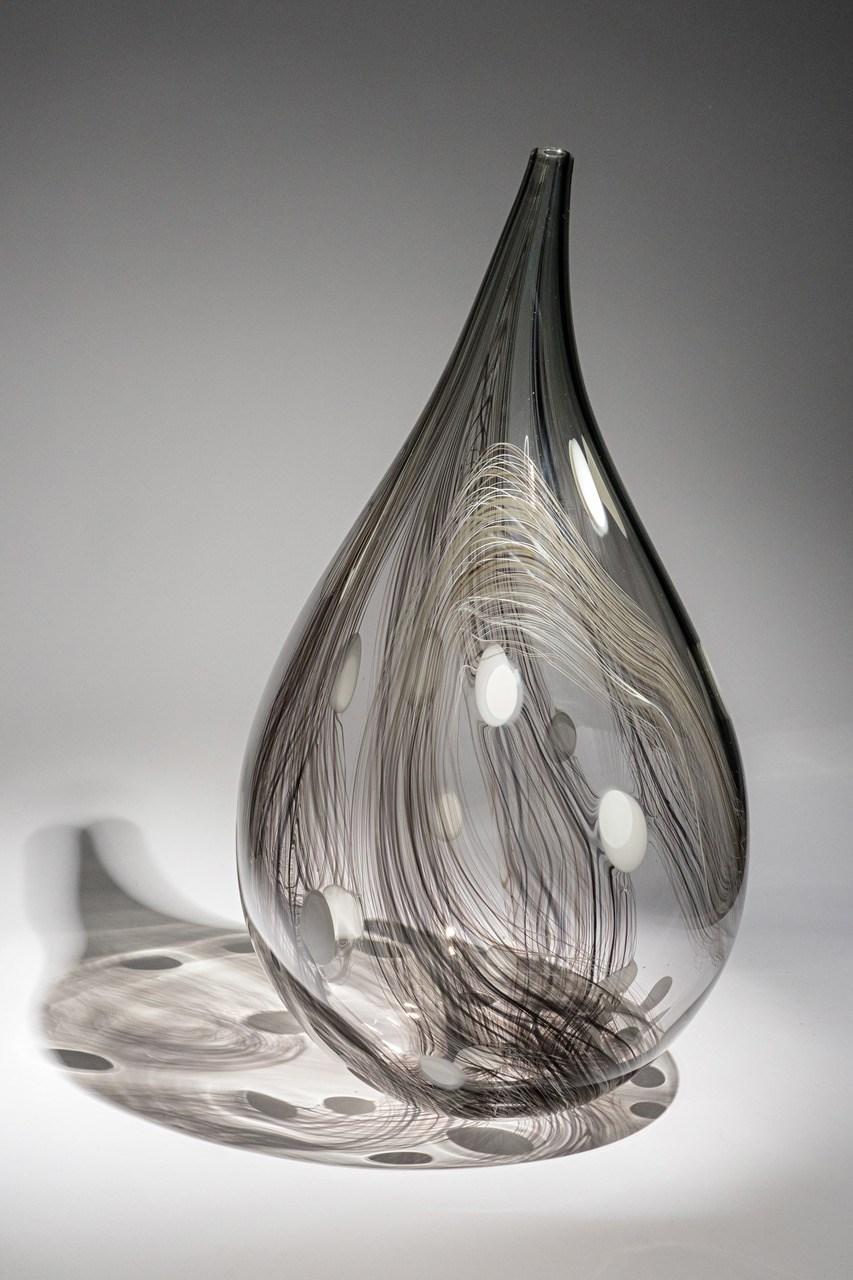 Threads iii, a White, Clear & Dark Purple Abstract Glass Vessel by Ann Wåhlström For Sale 1