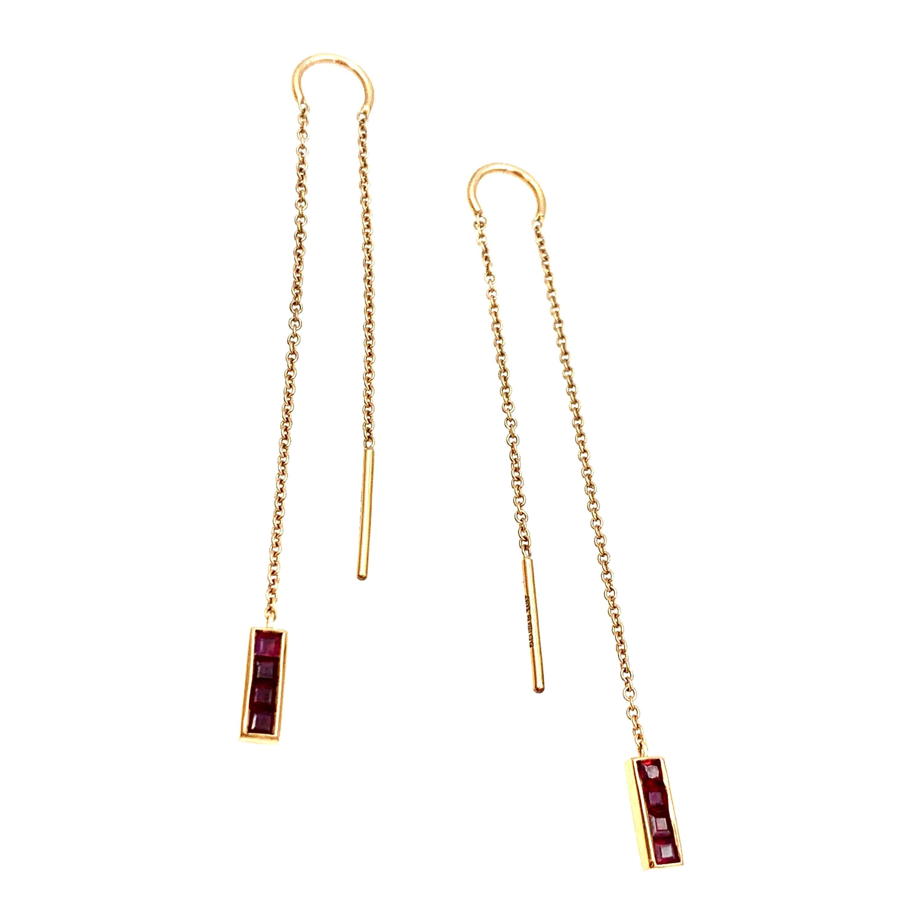 Threadthrough Rose Gold Chain and Ruby Channel Set Dangle Earrings
