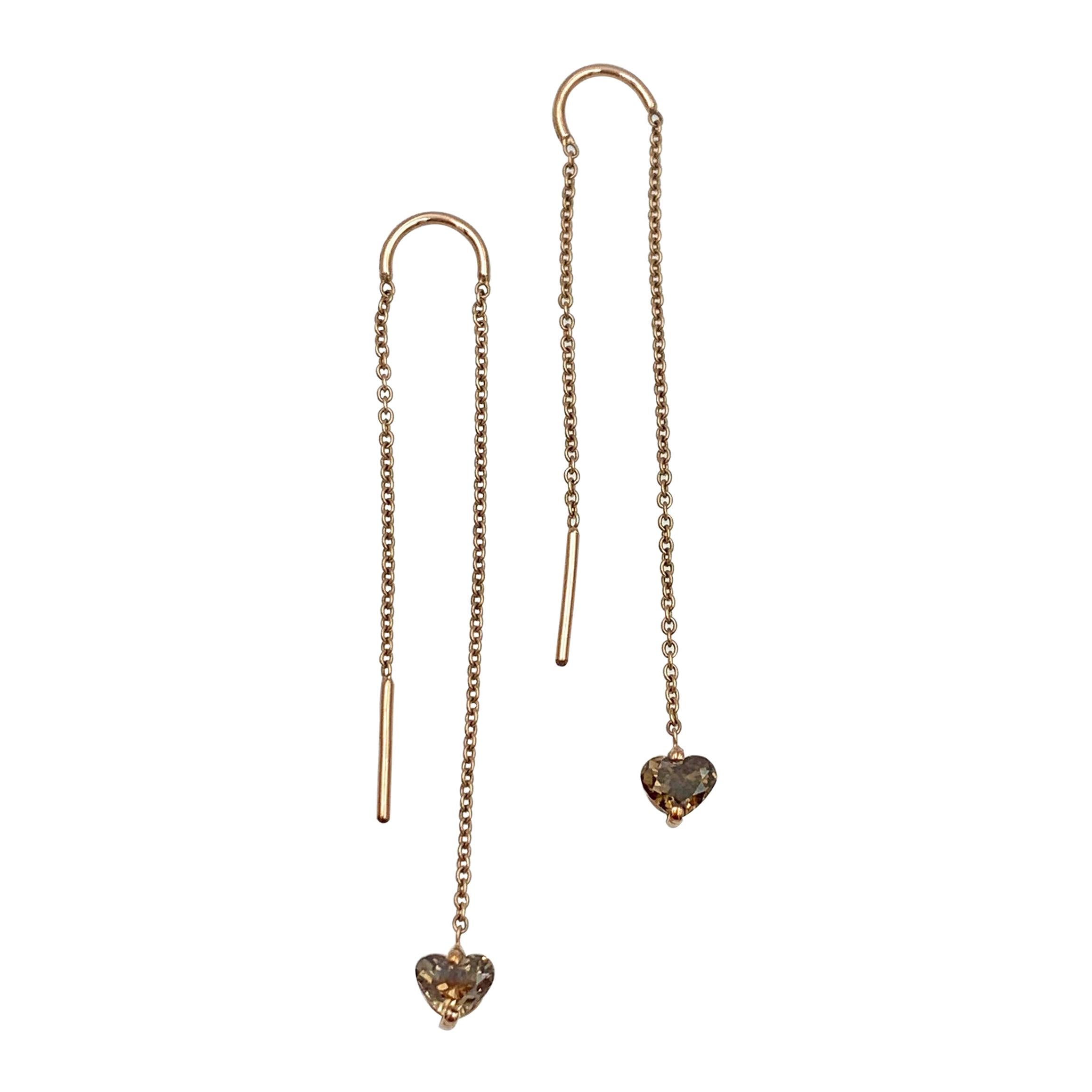 Threadthrough Rose Gold Chain Champagne Diamond Heart Earrings For Sale