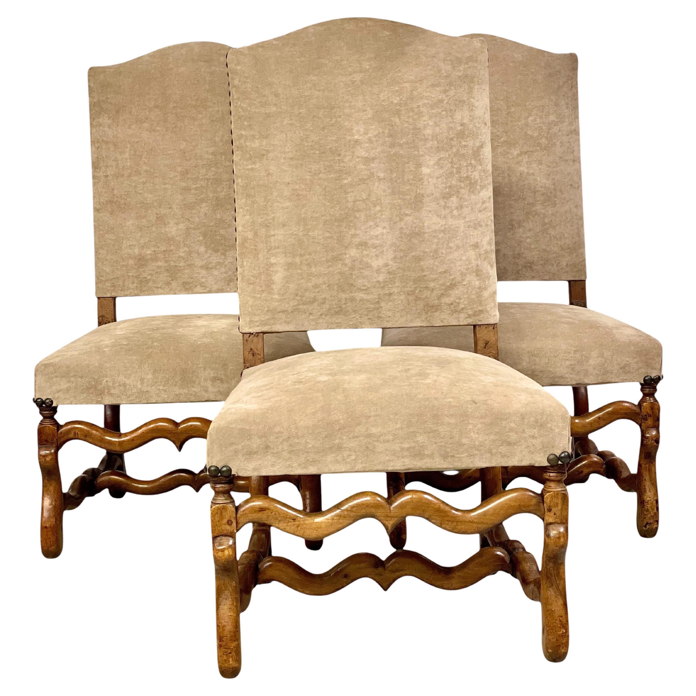 Three 17th Century Louis XIII Walnut Chairs with Velvet Upholstery For Sale