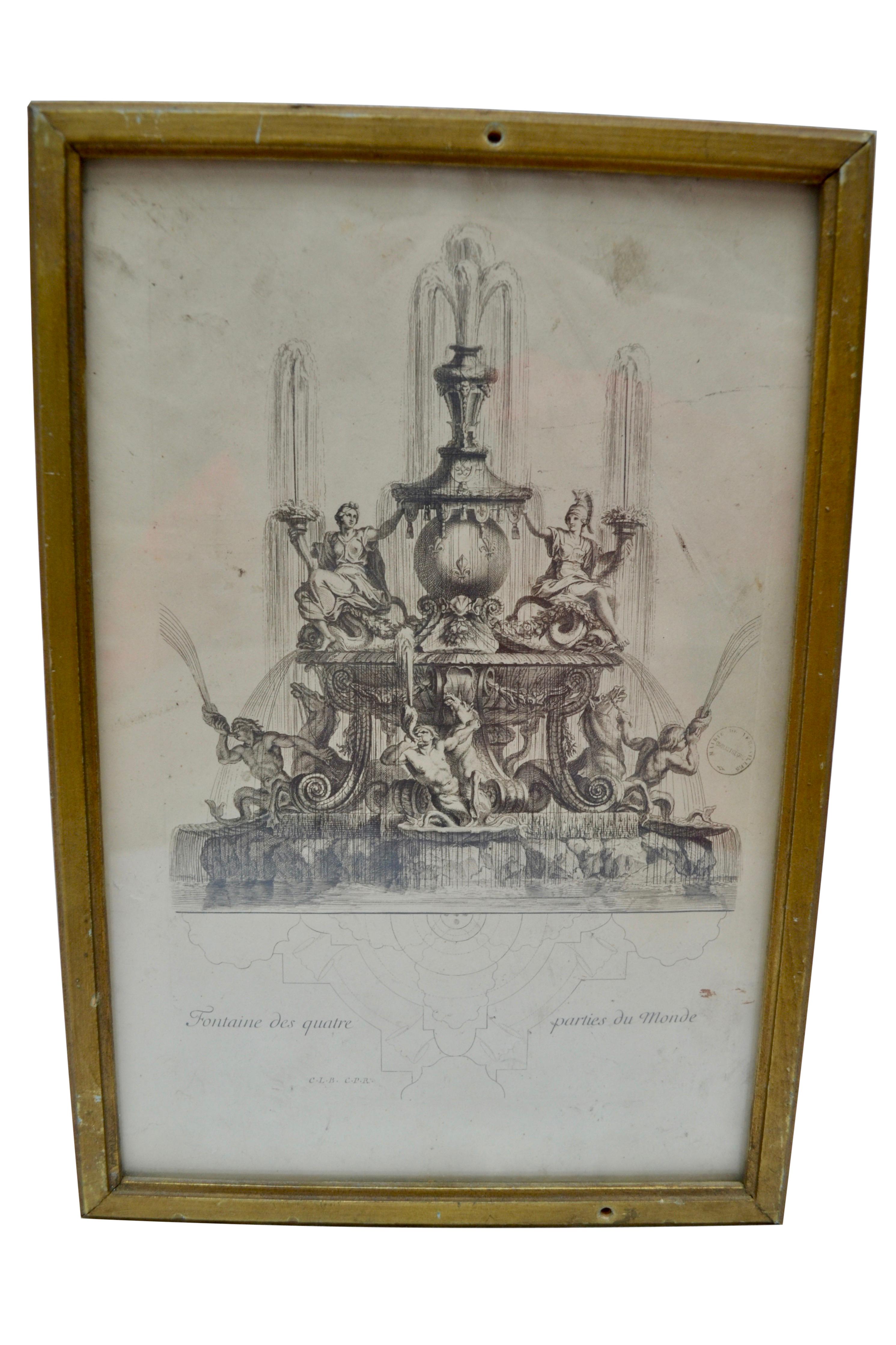 Three small 18th century engravings of fountains at the gardens of Versailles by renowned Parisian engraver Antoine Aveline. All three are presented in simple giltwood frames.

One fountain shows a bronze child representing sovereign power sitting