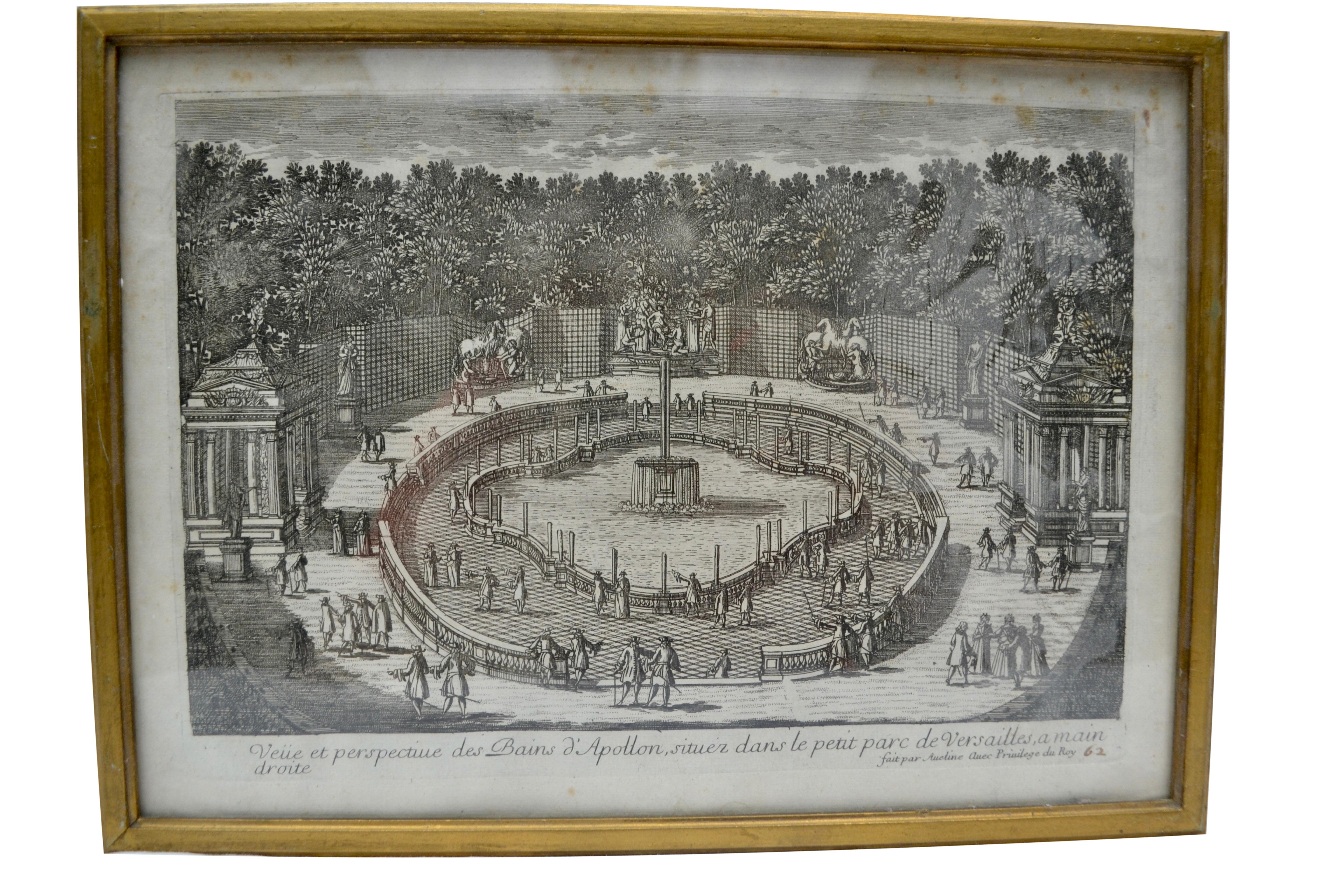 French Three 18th Century Engravings  of Versailles Garden by Antoine Aveline For Sale