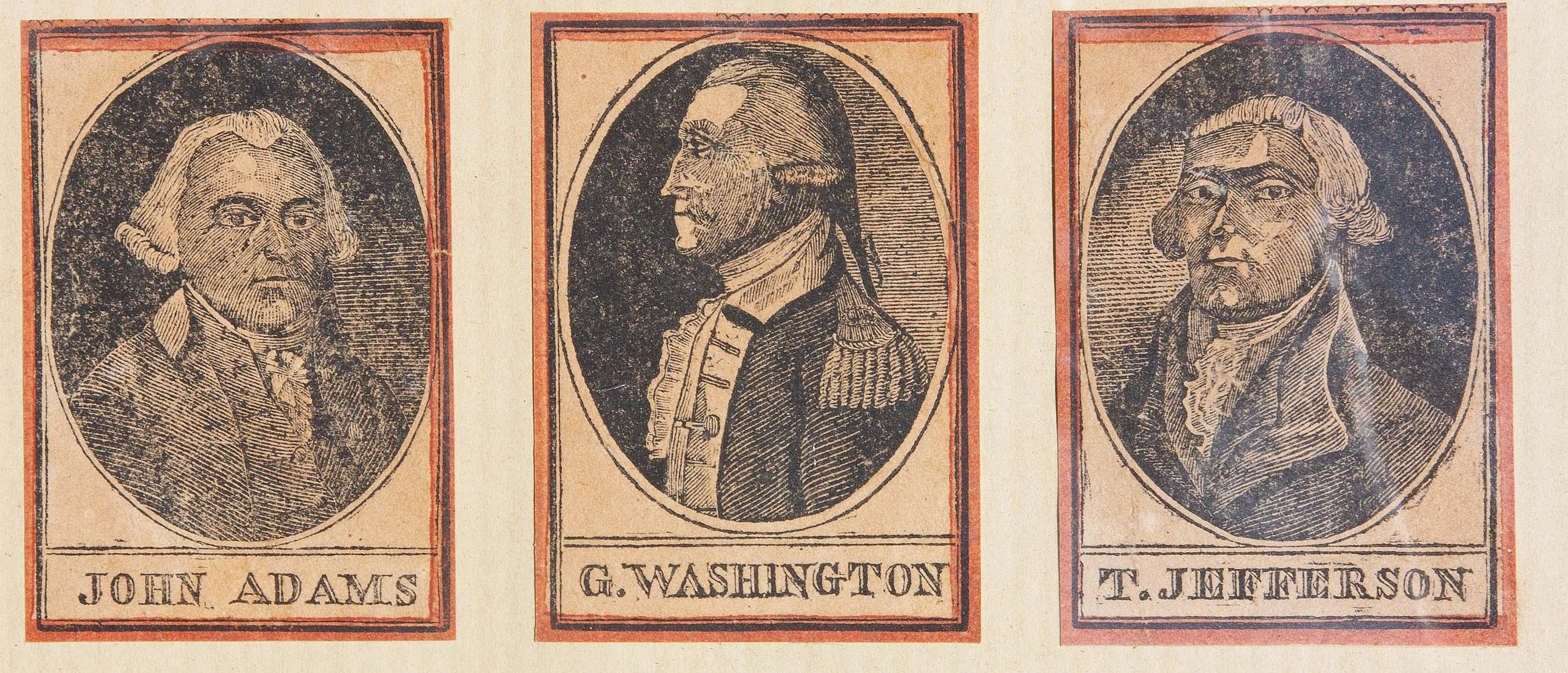 Three 18th century engravings of George Washington, Thomas Jefferson, and John Adams. Mounted on paper. Each engraving measures 2.75