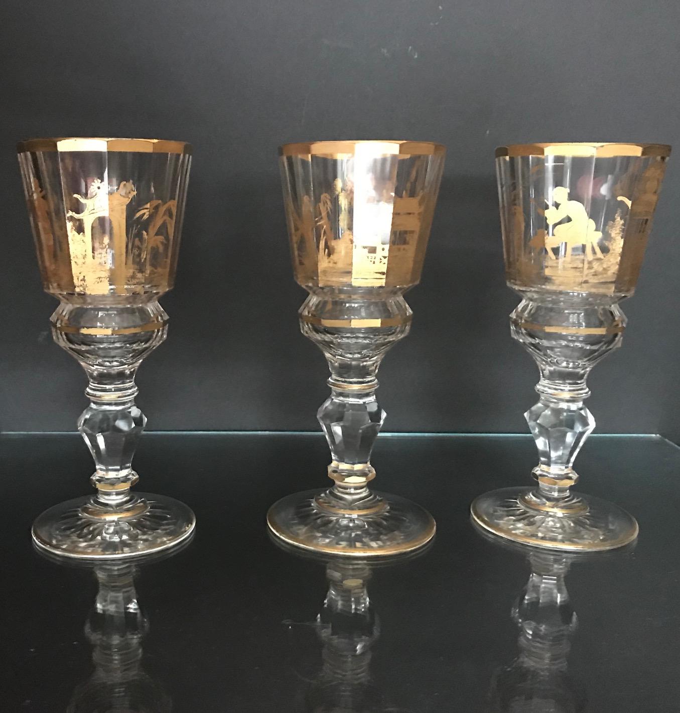Baroque Three 18th Century Bohemian Facet Cut Gilded Wine Glasses, Three Goblets