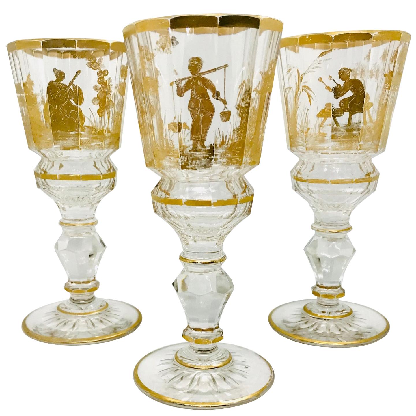 Three 18th Century Bohemian Facet Cut Gilded Wine Glasses, Three Goblets