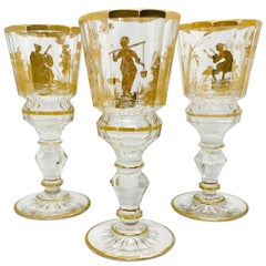 Three 18th Century Bohemian Facet Cut Gilded Wine Glasses, Three Goblets