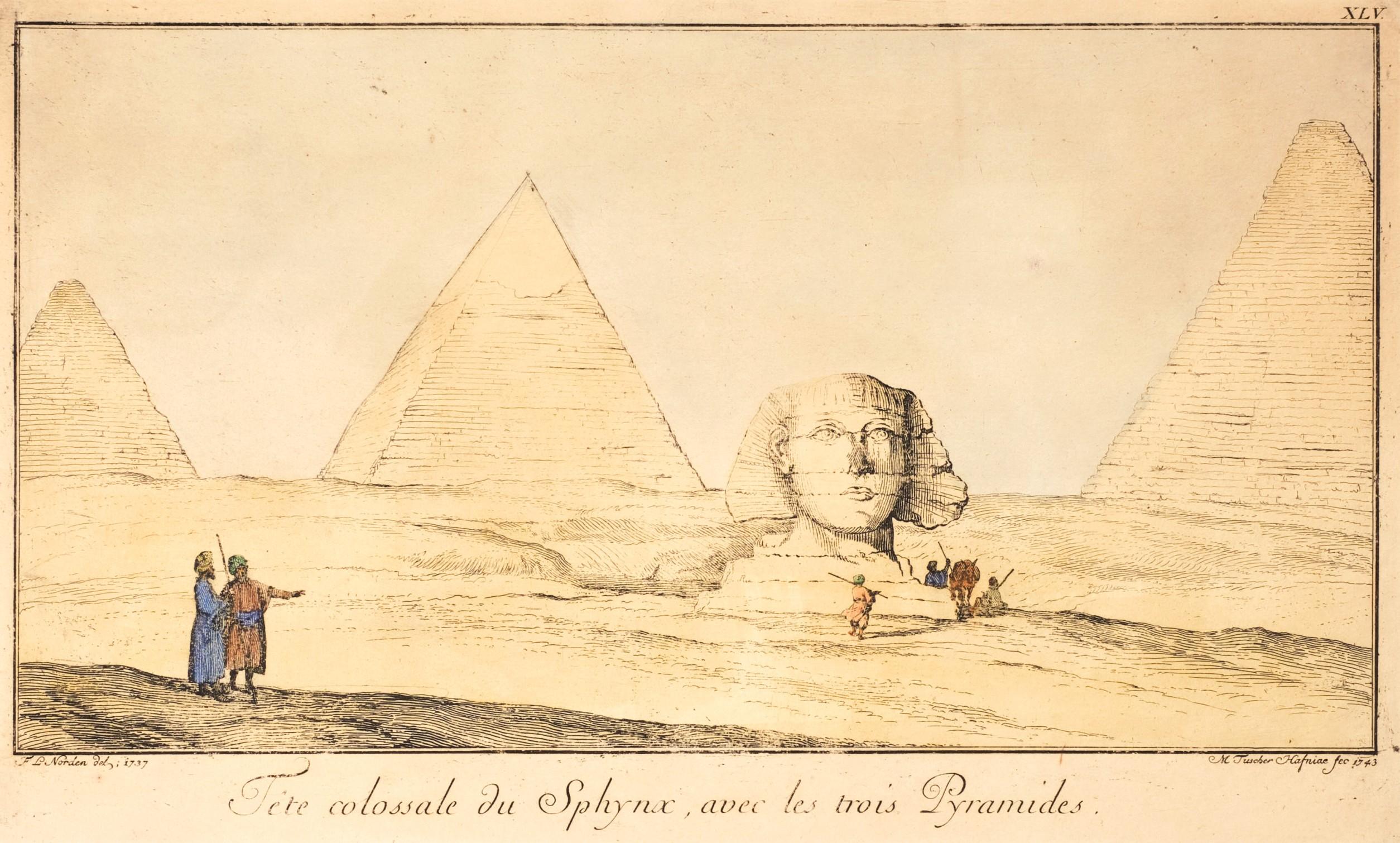 Tres vistas orientalistas de Egipto coloreadas a mano del siglo XVIII, circa 1740 Papel en venta