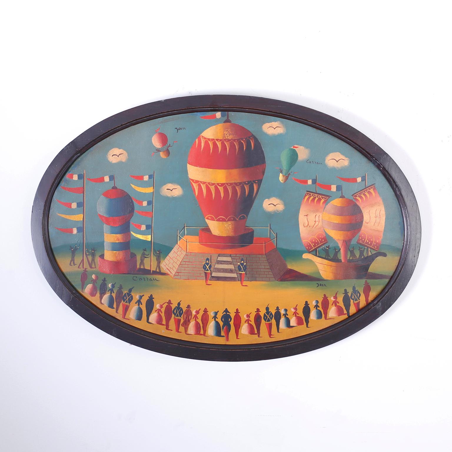 Three charming oval oil paintings on tin depicting festive balloon launch celebrations with pomp and circumstance. Presented in wood lacquered frames and signed Jean Carrau 1928. Priced individually. 

Large painting: H 21, W 31, D 1, $2950

Smaller