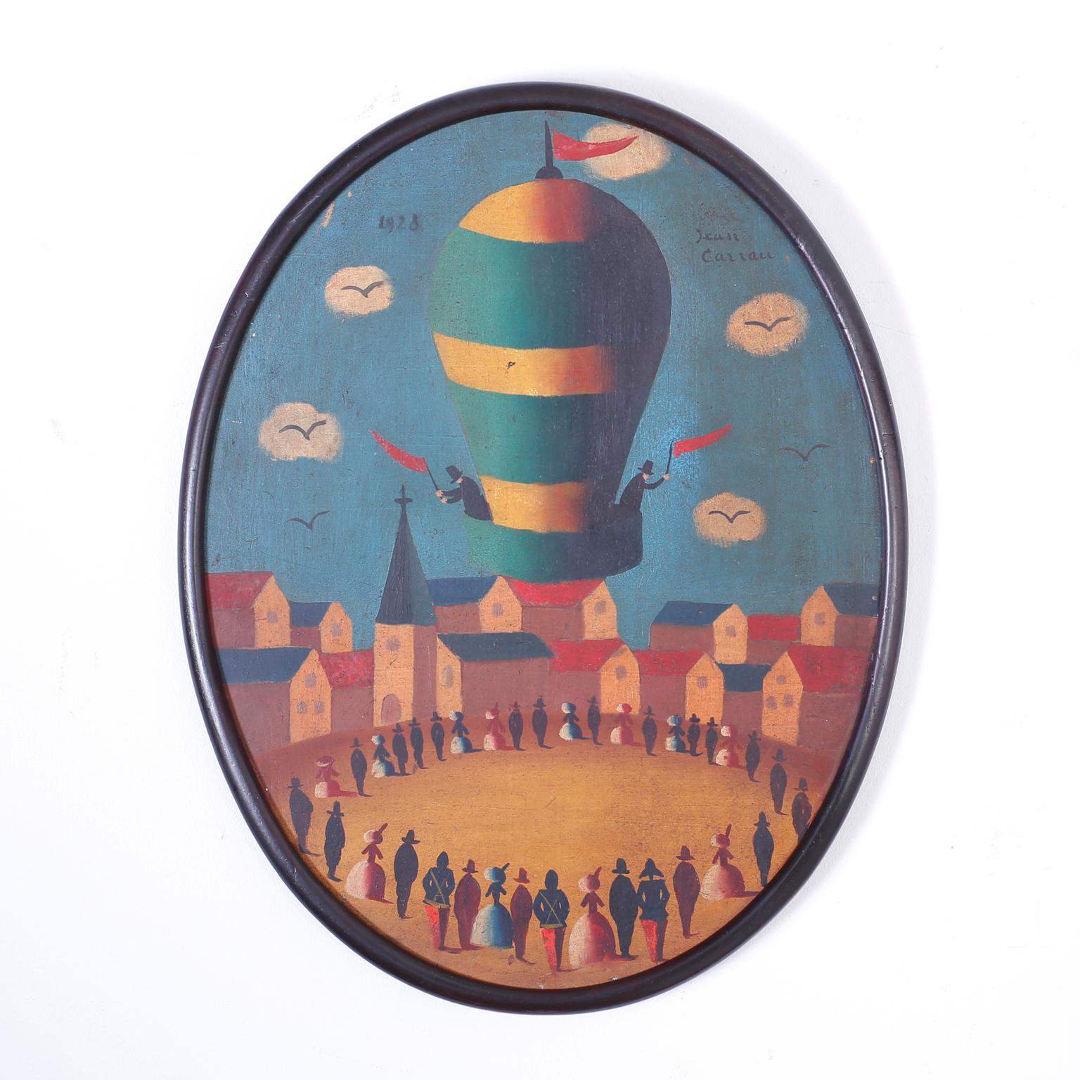 Folk Art Three 1928 Oil Paintings on Tin of Air Balloons by Jean Carrau