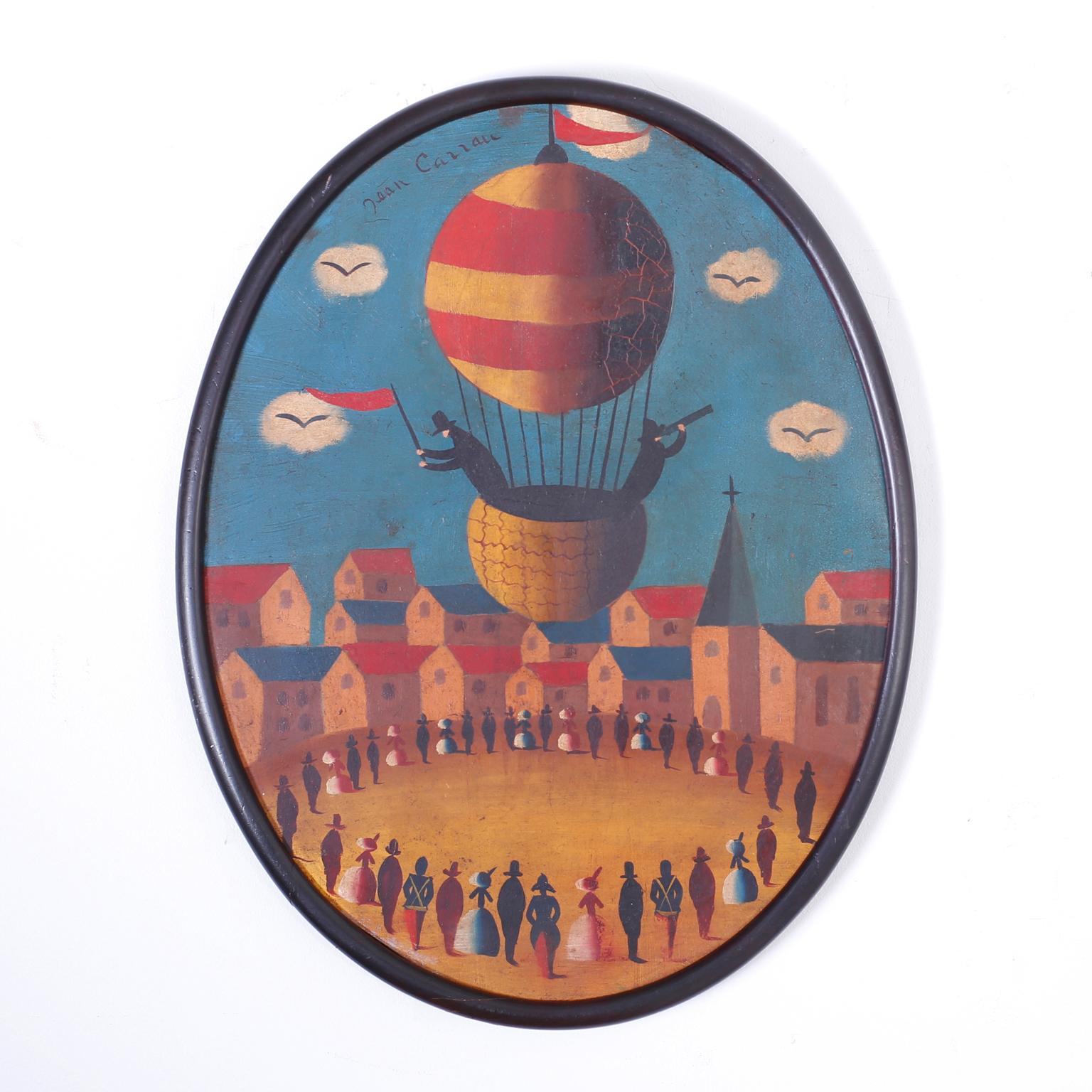 Hand-Painted Three 1928 Oil Paintings on Tin of Air Balloons by Jean Carrau