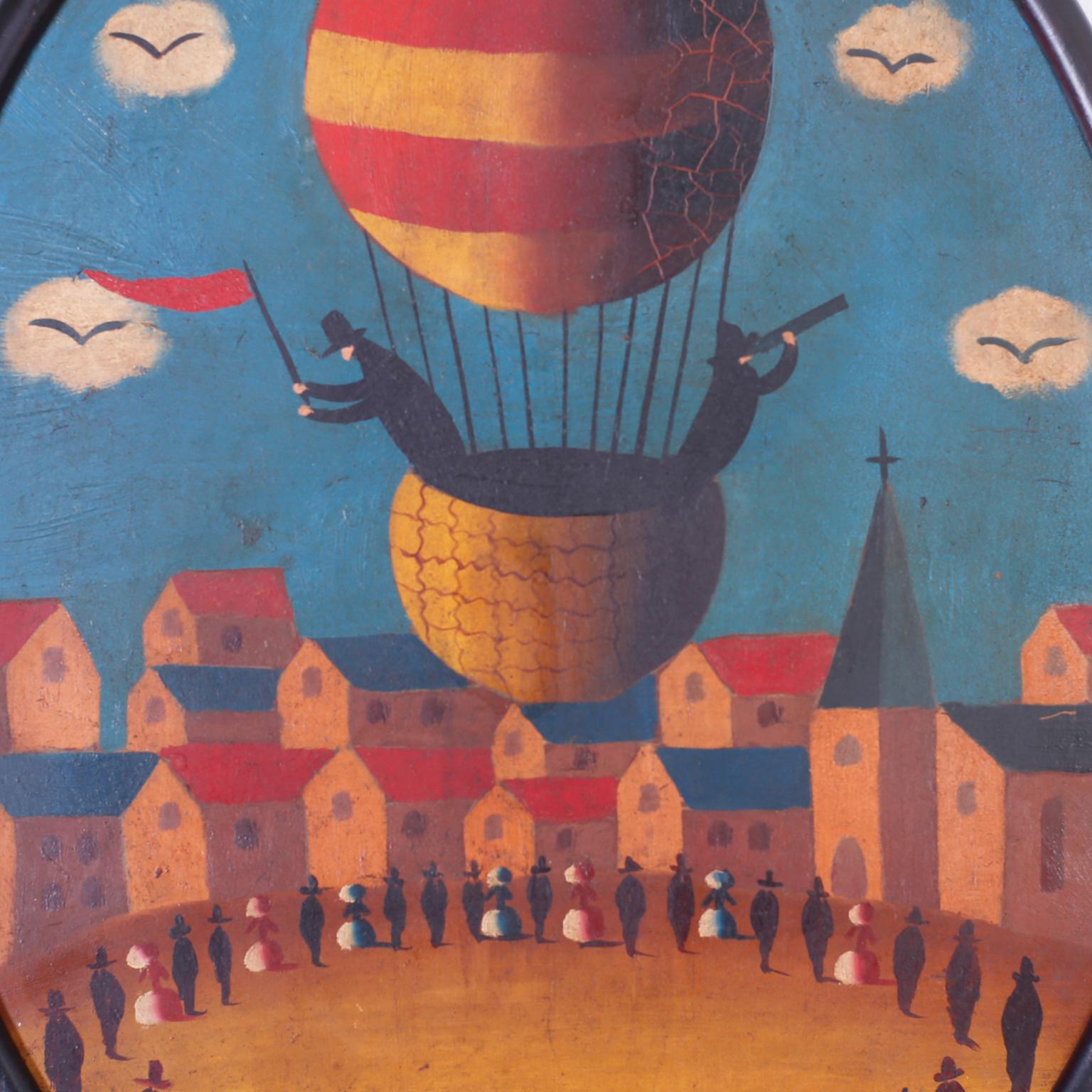 Three 1928 Oil Paintings on Tin of Air Balloons by Jean Carrau In Good Condition In Palm Beach, FL