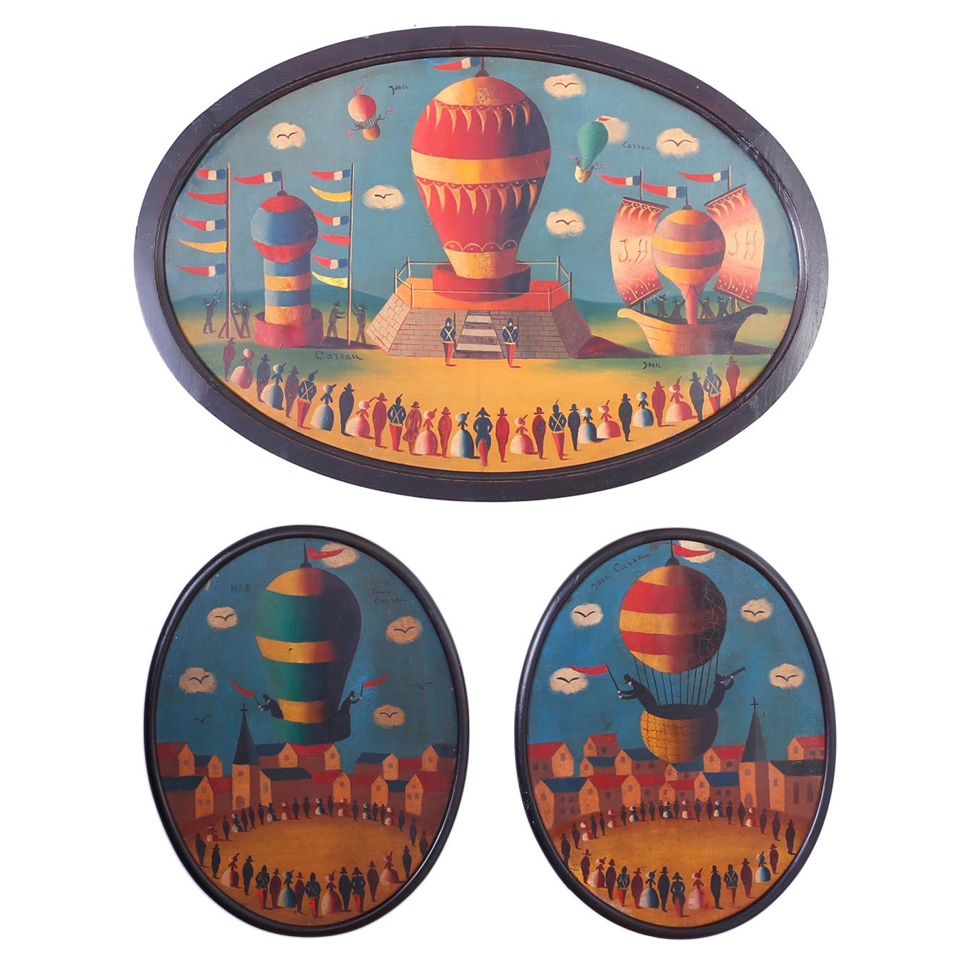 Three 1928 Oil Paintings on Tin of Air Balloons by Jean Carrau