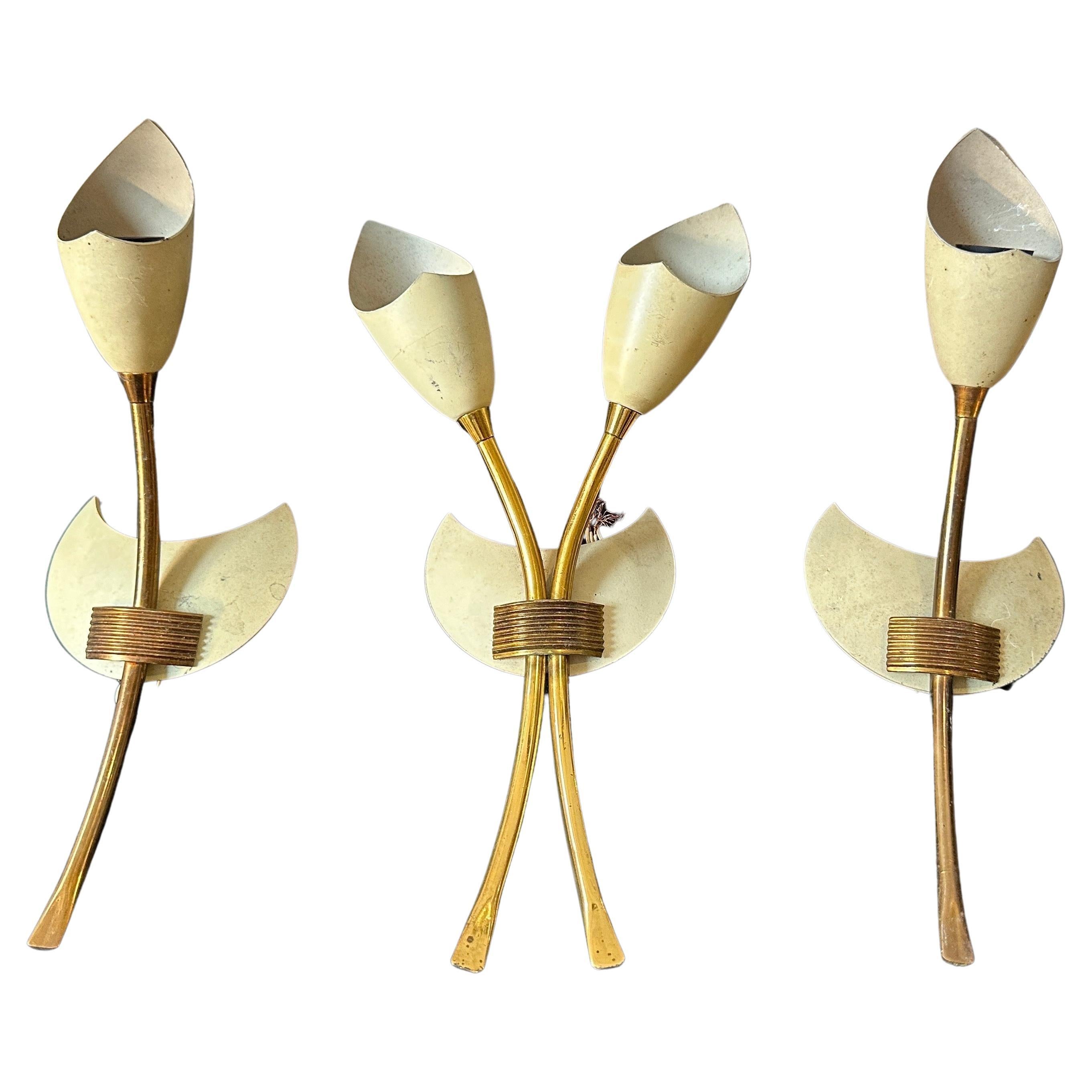 Three 1950s Arredoluce Attributable Mid-Century Modern Brass Wall Sconces For Sale