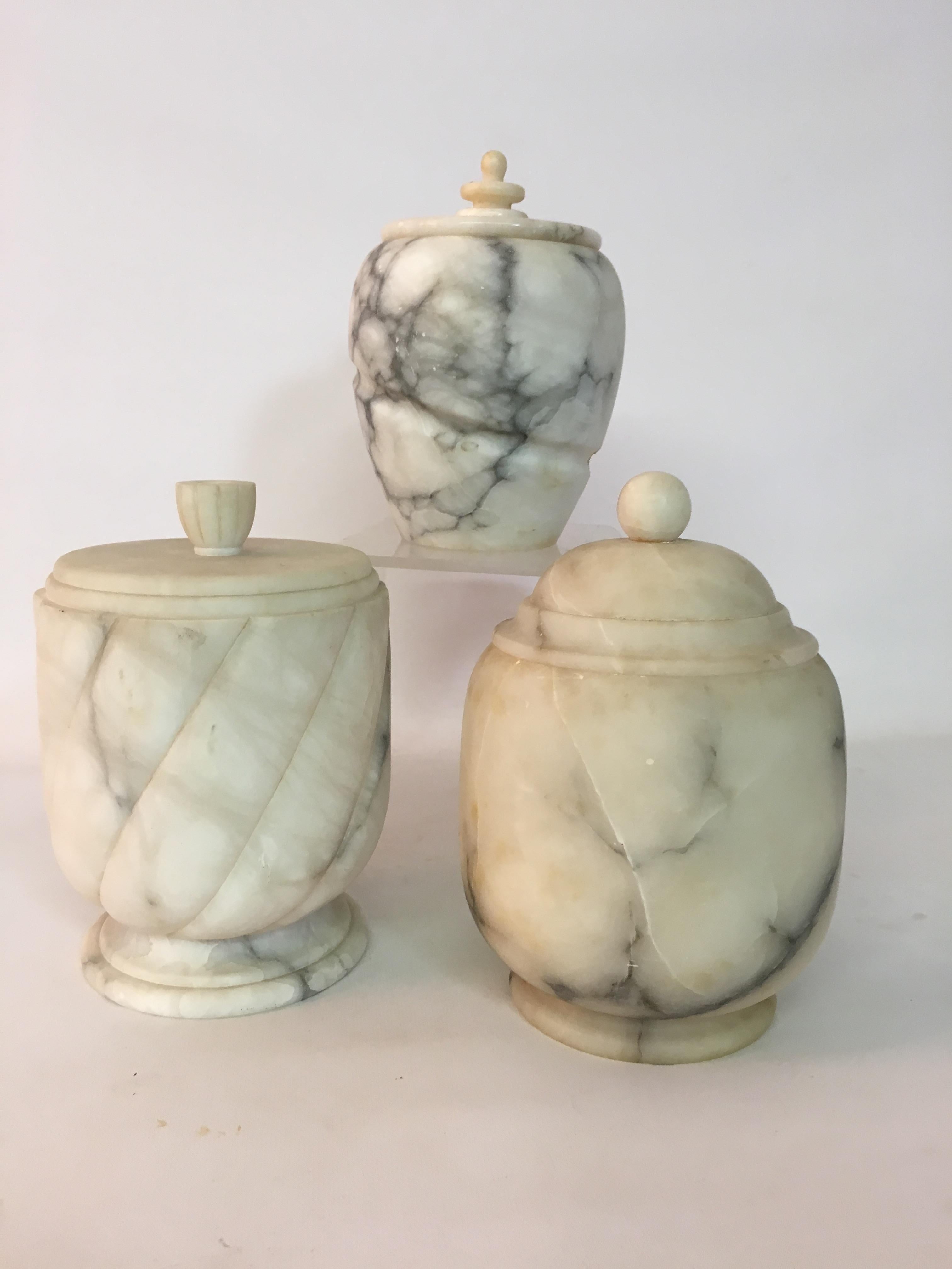 Grand Tour Three 1950s Carved Carrara Marble Canisters