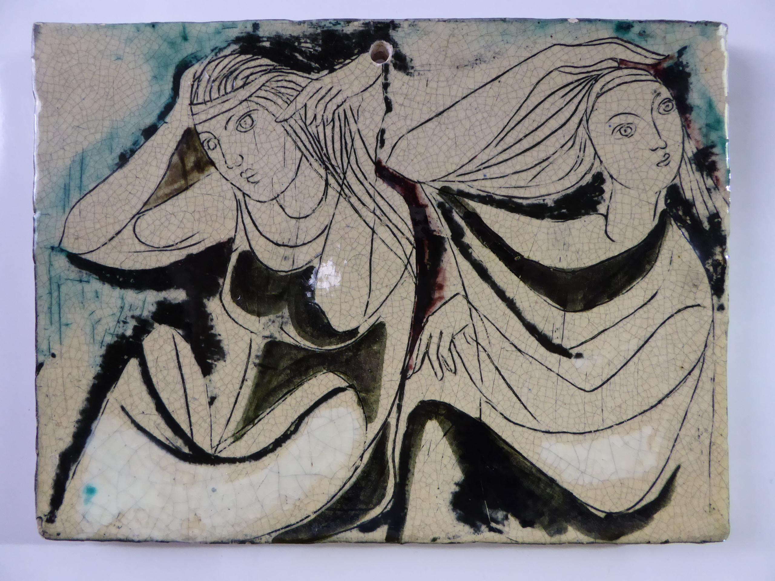 A rare and unusual set of tiles / plaques by Phillippe Lambercy, (1919-2006), a noted Swiss 1950s ceramic and pottery artist. The plaques, all the same dimensions and top glazed are hand-painted with scenes, all different. One a classical pair of