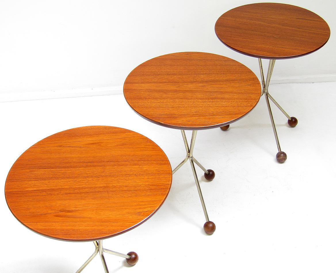 Three 1950s Swedish Round Atomic Side Tables in Teak & Brass by Albert Larsson In Good Condition In Shepperton, Surrey