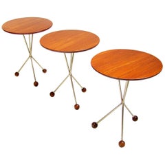 Three 1950s Swedish Round Atomic Side Tables in Teak & Brass by Albert Larsson