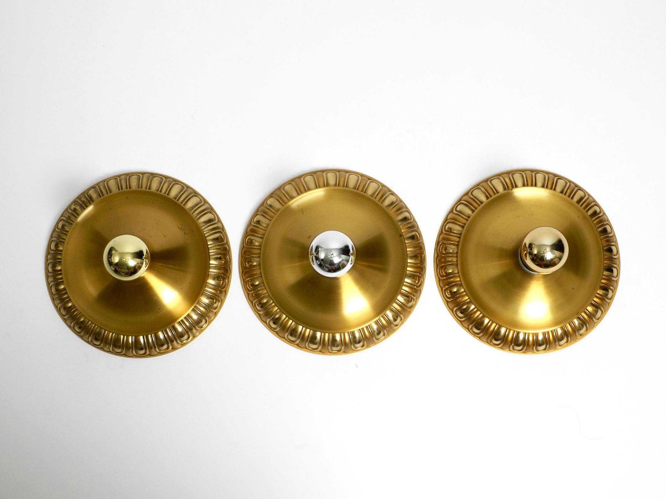 Three 1960's Space Age round  brass and metal wall or ceiling lamps by Sölken In Good Condition For Sale In München, DE