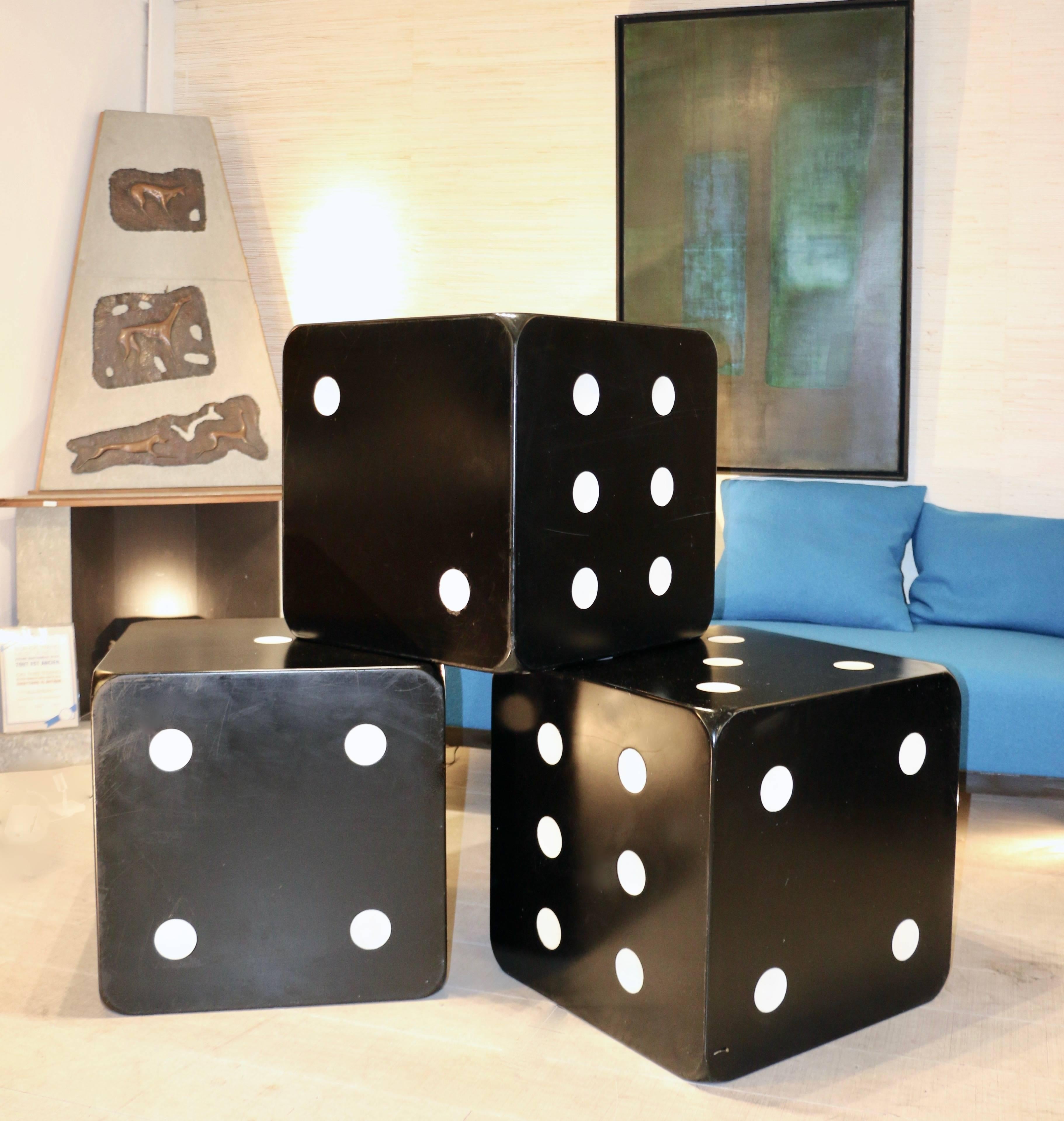 Funny 1970s Italian coffee or end tables in black lacquered wood representing dices.