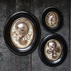 Three 19th C. French Memento Mori Hair Art Mourning Souvenirs in Oval Frames