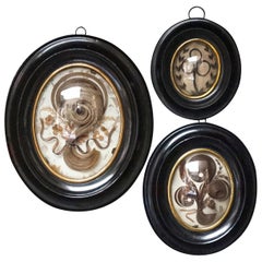 Three 19th C. French Memento Mori Hair Art Mourning Souvenirs in Oval Frames