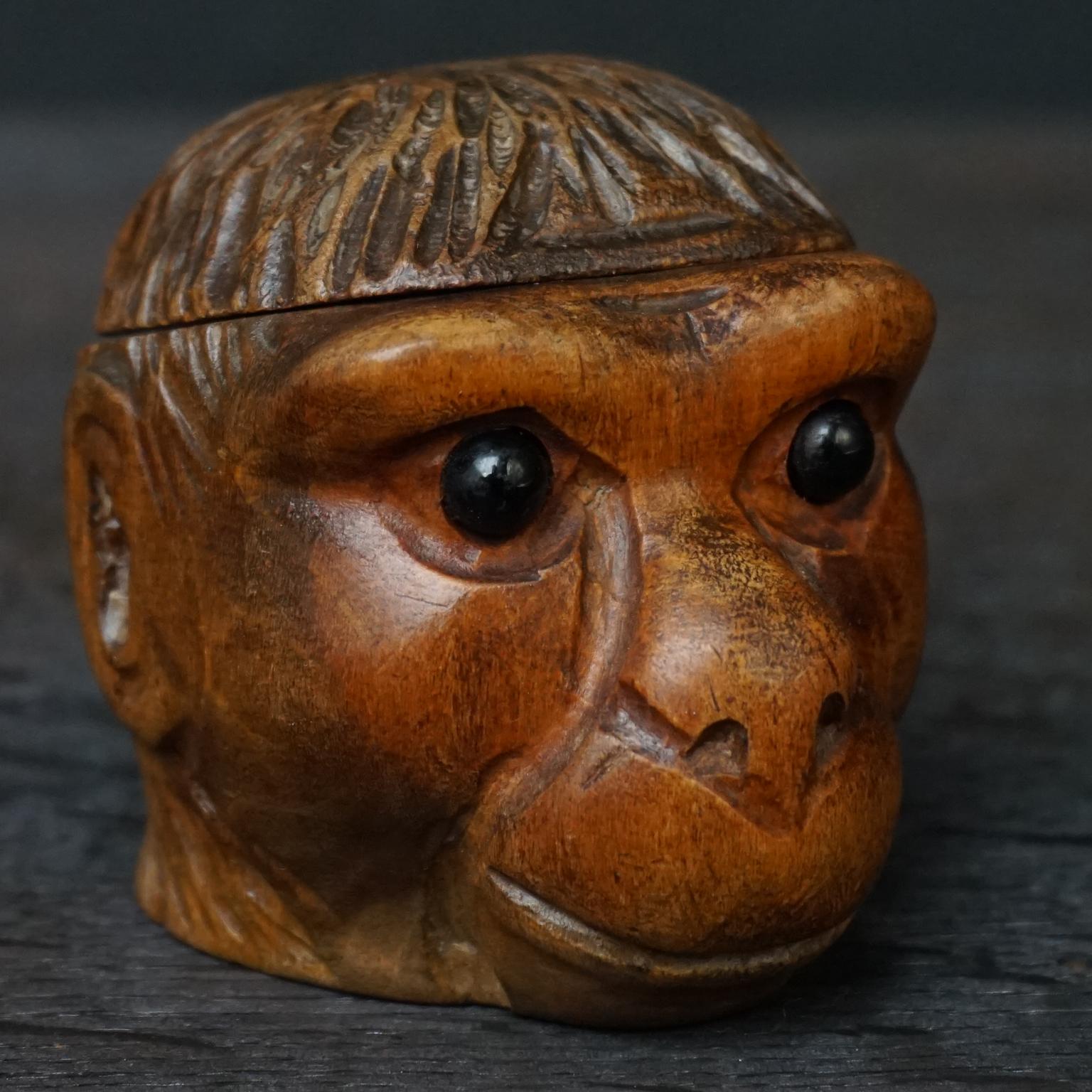 Three 19th Century Black Forest Carved Walnut Inkwells Monkey Kingfisher Bulldog For Sale 8