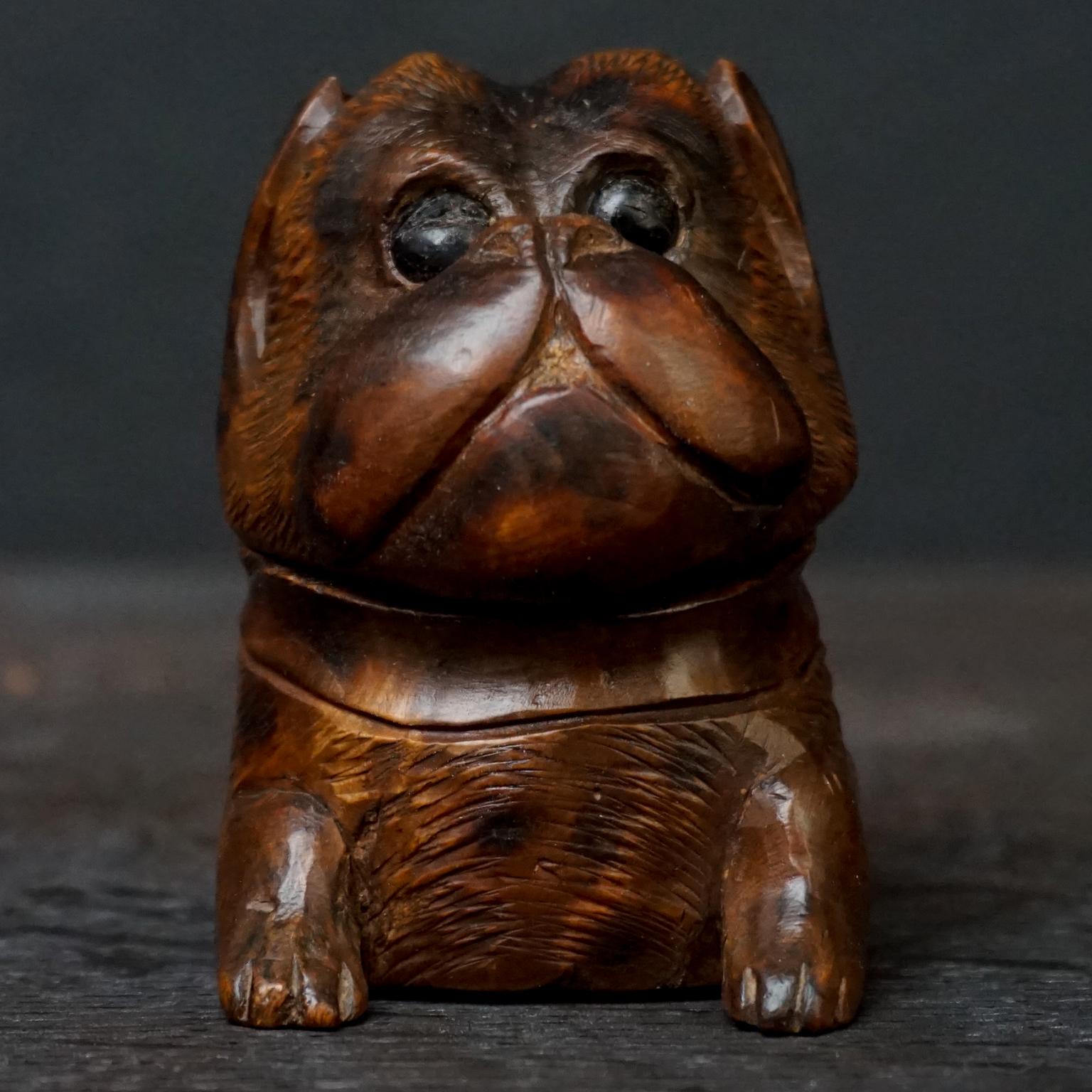 Three 19th Century Black Forest Carved Walnut Inkwells Monkey Kingfisher Bulldog For Sale 9